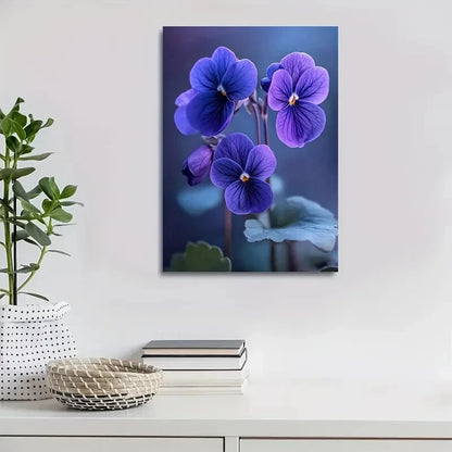 Vibrant Purple Violets with Green Leaves Painting 40x60cm Metal Print Ready to Hang