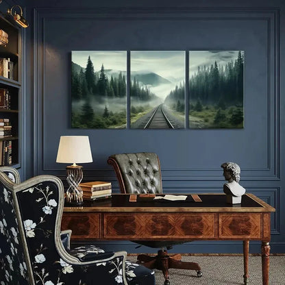 3pcs Misty Forest Railway Tracks Mountain Lands Metal Print Ready to Hang Art