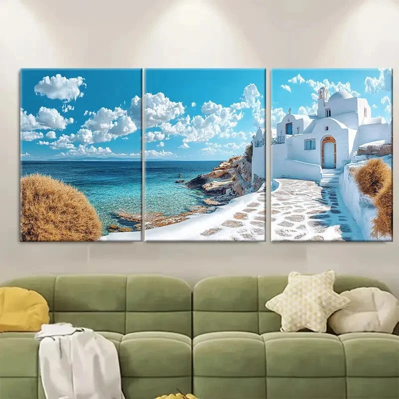 3pcs Traditional Cycladic Architecture with Blue Metal Print Ready to Hang Art
