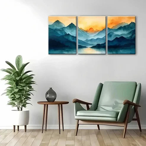 3pcs Blue Mountains and Orange Sunrise Wall Art Canvas Unframed - High Quality Print 100% Australian Made Wall Canvas