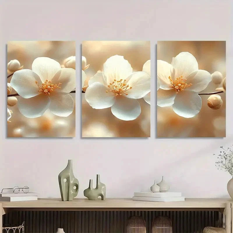 3pcs Serene Elegant White Flower Prints Metal Print Ready to Hang Art