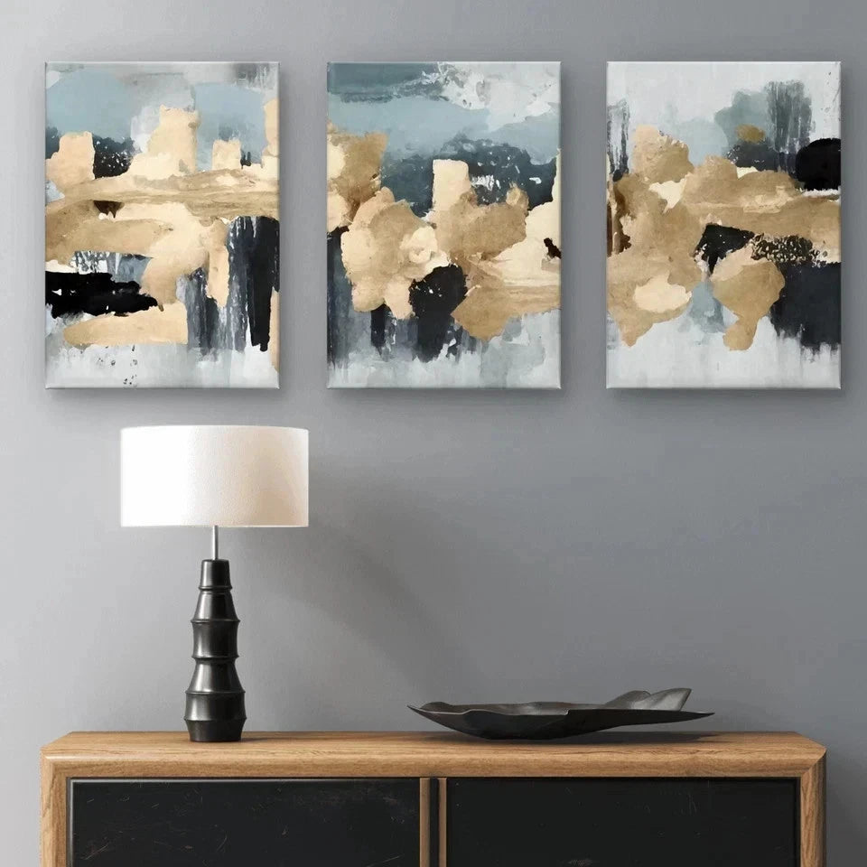 3pcs Modern Abstract Gold and Grey Textured Paint Wall Art Set Canvas Framed 50x70cm - High Quality Print 100% Australian Made Wall Canvas Ready to Hang
