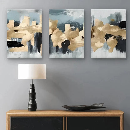 3pcs Modern Abstract Gold and Grey Textured Paint Wall Art Set Canvas Framed 50x70cm - High Quality Print 100% Australian Made Wall Canvas Ready to Hang
