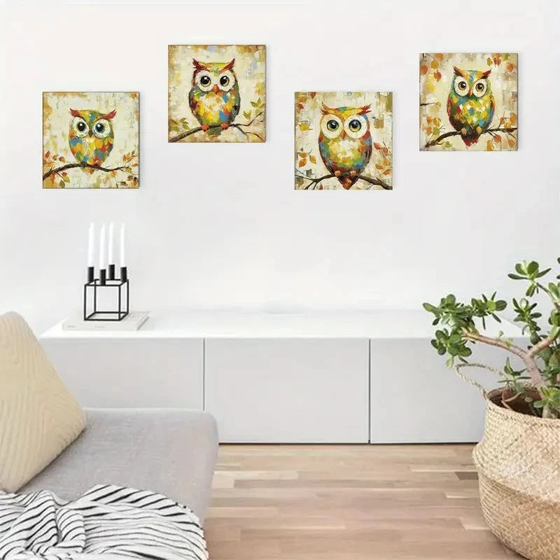 4pcs Funny Owl Themed  Wall Art Canvas Framed