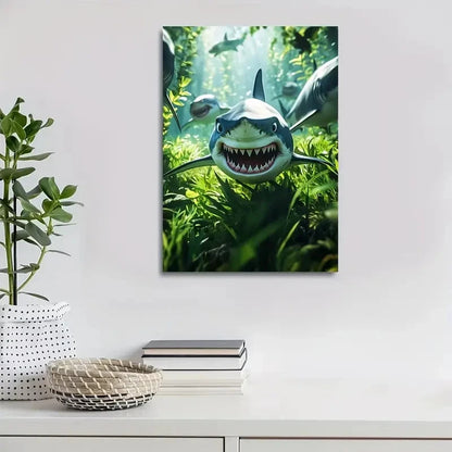 Cartoon Shark Chase Scene in Lush Green Painting 40x60cm Metal Print Ready to Hang