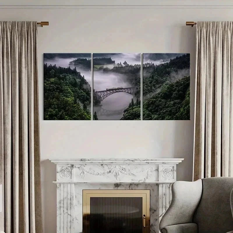 3pcs Misty Valleys Woods Bridges & Train Wall Art Set Canvas Framed 40x60cm - High Quality Print 100% Australian Made Wall Canvas Ready to Hang