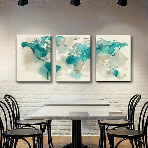 3pcs Abstract Global Map Beige Tones Perfect Wall Art Set Canvas Unframed - High Quality Print 100% Australian Made Wall Canvas