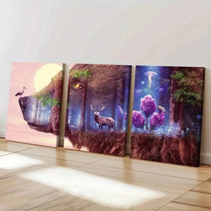 3pcs Abstract Aesthetic Animal Wolf Deer & Trees Wall Art Set Canvas Framed 40x60cm - High Quality Print 100% Australian Made Wall Canvas Ready to Hang