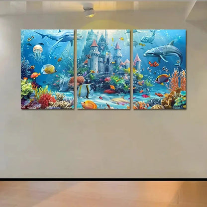 3pcs The Underwater Castle Where Dolphins Play Wall Art Set Canvas Framed 40x60cm - High Quality Print 100% Australian Made Wall Canvas Ready to Hang