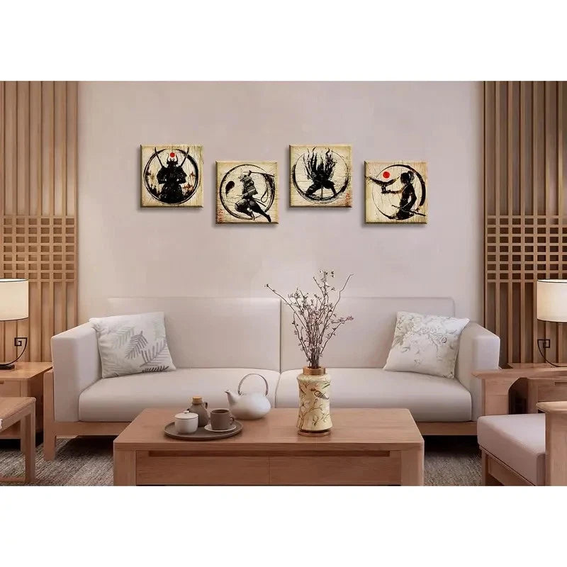 4pcs Japanese Samurai Canvas Wall Art Canvas Framed