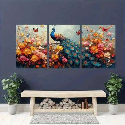 3pcs Colorful Pea Rooster Flowers & Butterflies Wall Art Set Canvas Framed 40x60cm - High Quality Print 100% Australian Made Wall Canvas Ready to Hang