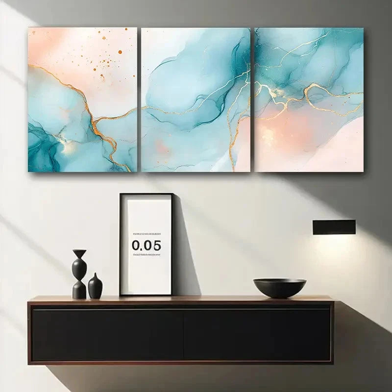 3pcs Pastel Blue & Lilac Marble Golden Veins Metal Print Ready to Hang Art