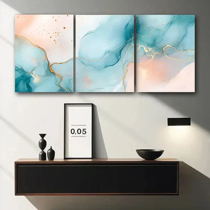 3pcs Pastel Blue & Lilac Marble Golden Veins Metal Print Ready to Hang Art