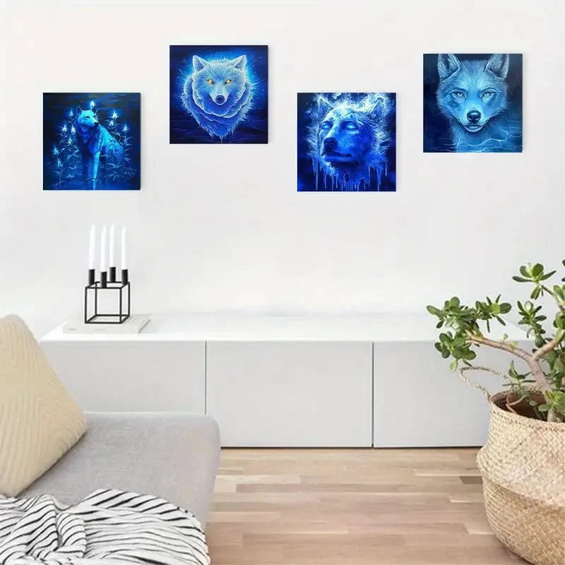 4pcs Blue Wolf With Yellow Eye Wall Art Canvas Framed
