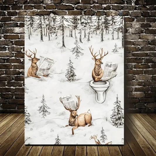 Quirky Newspaper Reading Deer Painting 40x60cm Metal Print Ready to Hang