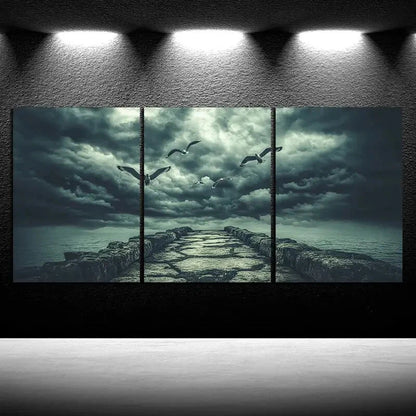 3pcs The Dock Under the Wind and Rain Metal Print Ready to Hang Art