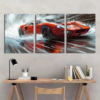 3pcs Modern Sports Vibrant Red Racing Car Metal Print Ready to Hang Art