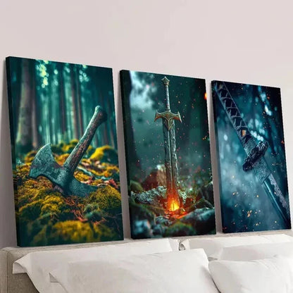 3pcs Viking Axe Glowing Sword Samurai Sword Wall Art Canvas Unframed – High Quality Print 100% Australian Made Wall Canvas