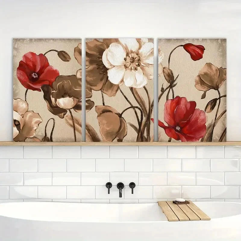 3pcs Vintage Floral Brown & Red Flowers Metal Print Ready to Hang Art