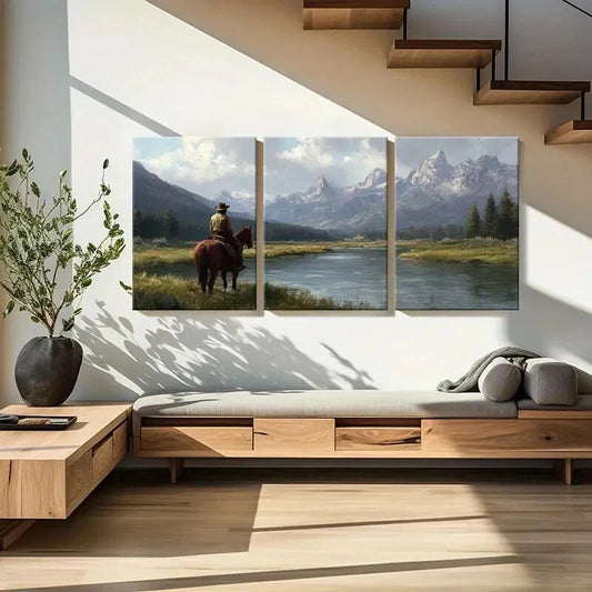 3pcs Cowboy on Horseback Mountain & River Metal Print Ready to Hang Art