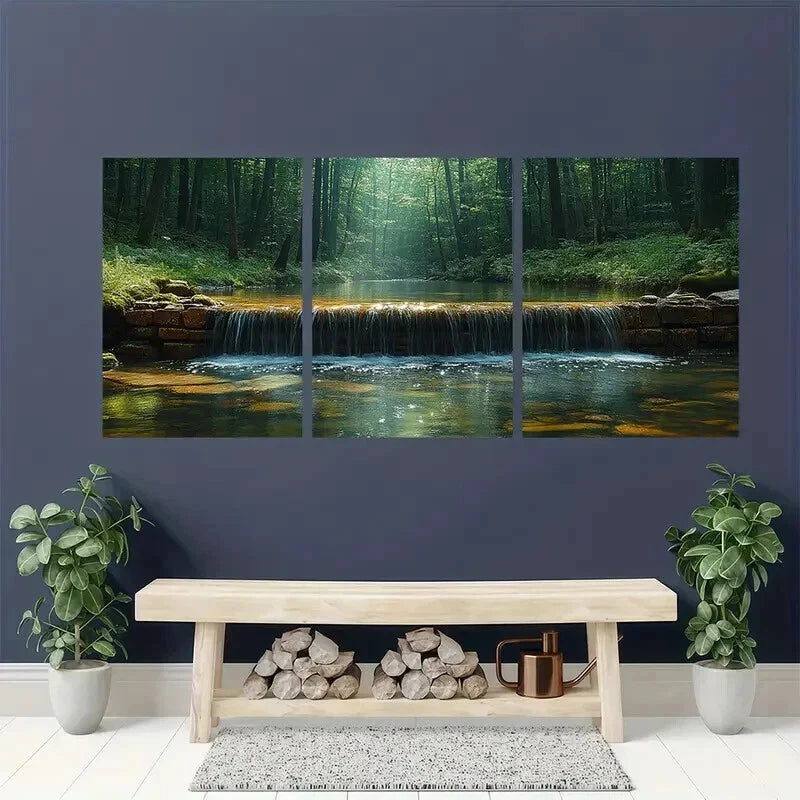3pcs Water Stream In Green Natural Forest Wall Art Set Canvas Framed 40x60cm - High Quality Print 100% Australian Made Wall Canvas Ready to Hang