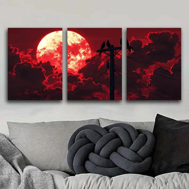 3pcs Featuring Red Moon Clouds And Crows Metal Print Ready to Hang Art