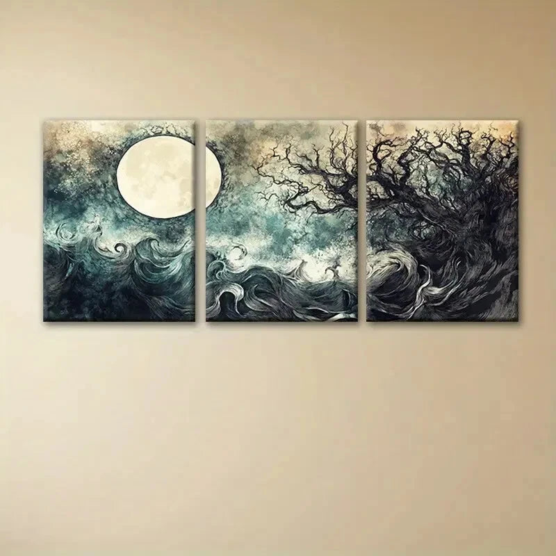 3pcs Dreamy Abstract Moon & Tree Metal Print Ready to Hang Art