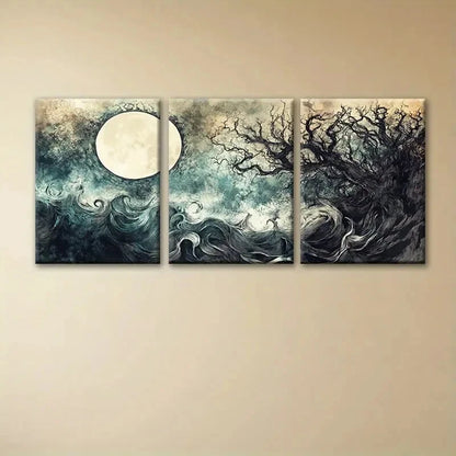 3pcs Dreamy Abstract Moon & Tree Metal Print Ready to Hang Art