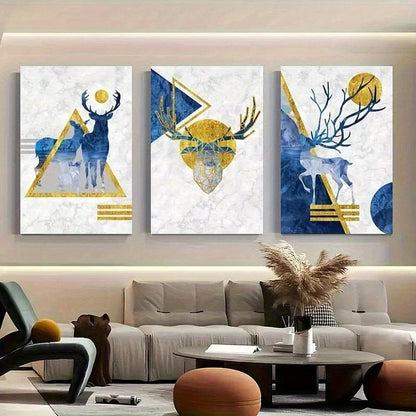 3pcs Blue and Golden Geometric Deer Metal Print Ready to Hang Art
