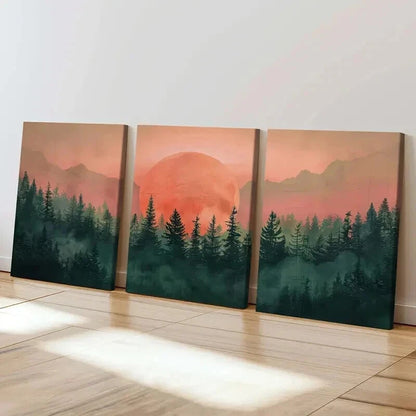 3pcs Sunset Forest Mountains Vintage Wall Art Set Canvas Framed 40x60cm - High Quality Print 100% Australian Made Wall Canvas Ready to Hang