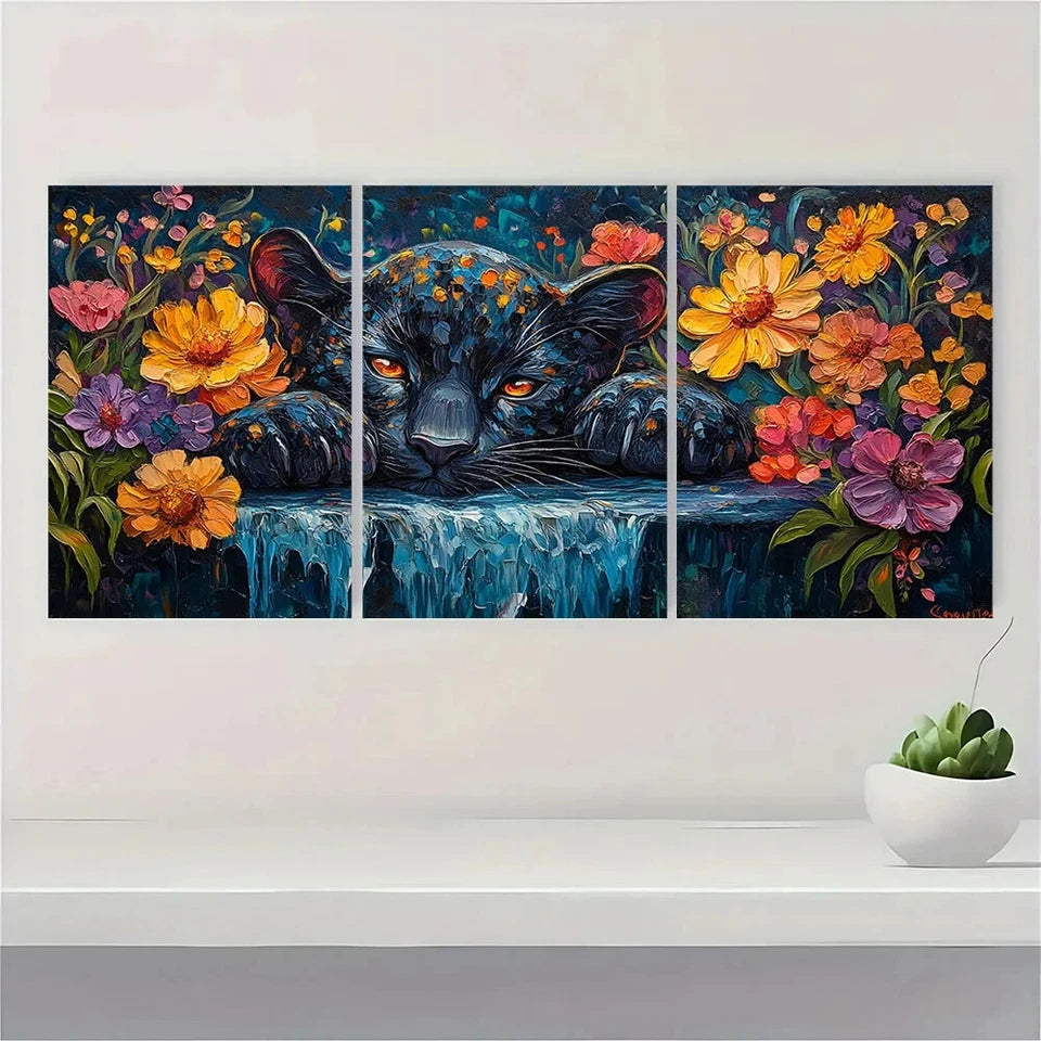 3pcs Black Panther Cub with Waterfall Metal Print Ready to Hang Art