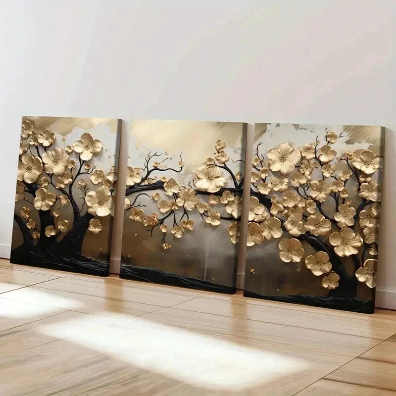 3pcs Abstract Golden Leaves Tree Modern Elegance Wall Art Set Canvas Framed 40x60cm - High Quality Print 100% Australian Made Wall Canvas Ready to Hang