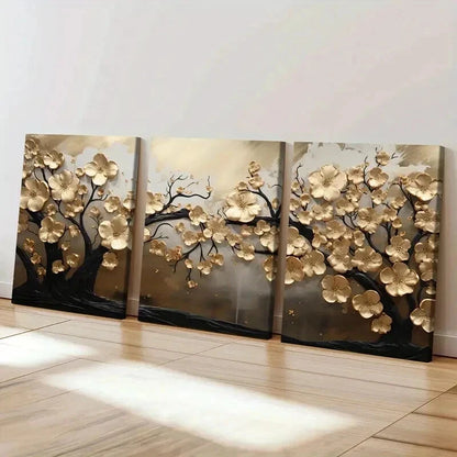 3pcs Abstract Golden Leaves Tree Modern Elegance Wall Art Set Canvas Framed 40x60cm - High Quality Print 100% Australian Made Wall Canvas Ready to Hang
