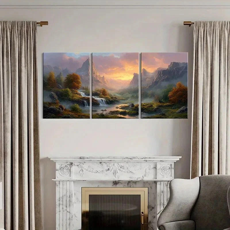 3pcs Autumn Trees Waterfall Sunset Glow Metal Print Ready to Hang Art