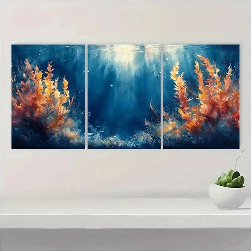 3pcs Vibrant Blue & Orange Sea Vegetation S Wall Art Set Canvas Unframed - High Quality Print 100% Australian Made Wall Canvas - Bella Home Decor