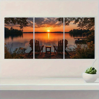 3pcs Lake House Sunset Themed Metal Print Ready to Hang Art