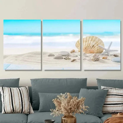 3pcs Ocean with Seashells And Sand Beach Scene Wall Art Set Canvas Framed 50x70cm - High Quality Print 100% Australian Made Wall Canvas Ready to Hang