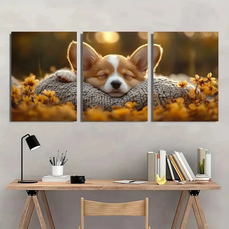 3pcs Adorable Sleeping Puppy Flowers Metal Print Ready to Hang Art