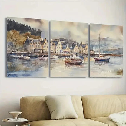 3pcs Campbeltown Lochside Town, Houses & Boats Wall Art Set Canvas Unframed - High Quality Print 100% Australian Made Wall Canvas