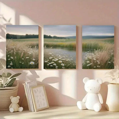 3pcs Wildflowers Meadow Pond Painting Metal Print Ready to Hang Art
