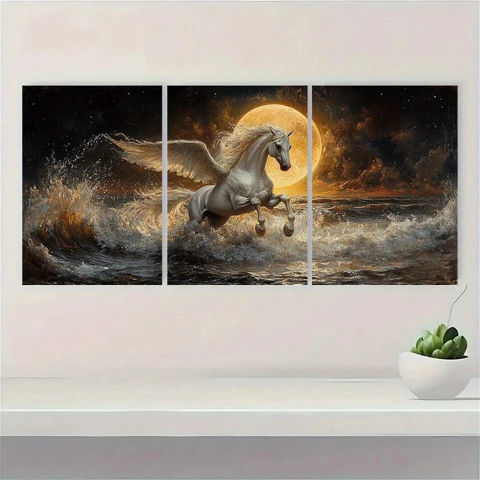 3pcs Pegasus Under Moon Oil Painting Metal Print Ready to Hang Art