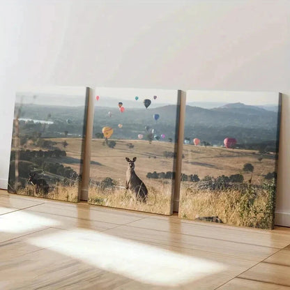 3pcs Kangaroo Hot Air Balloon Decoration Wall Art Set Canvas Framed 40x60cm - High Quality Print 100% Australian Made Wall Canvas Ready to Hang