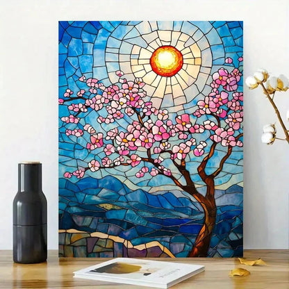Cherry Blossom Tree Pink Flowers And Sunset Landscape 40x60cm Metal Print Ready to Hang