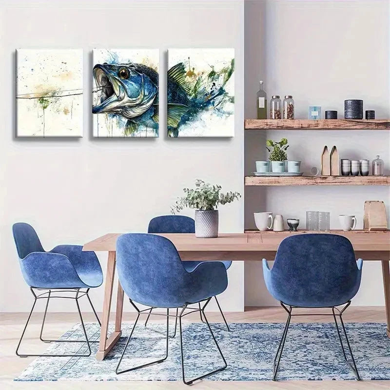 3pcs Artistic Fishery Theme Painting Metal Print Ready to Hang Art