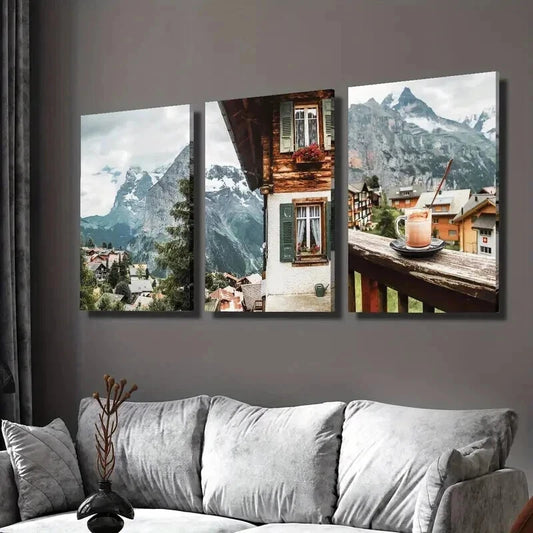 3pcs Café Terrace with View of Swiss Jungfrau Wall Art Set Canvas Framed 40x60cm - High Quality Print 100% Australian Made Wall Canvas Ready to Hang