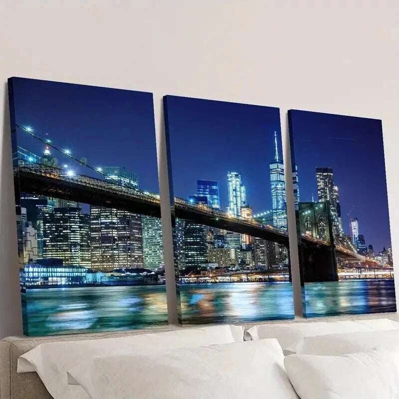 3pcs Nighttime Cityscape with a Bridge Wall Art Set Canvas Framed 40x60cm - High Quality Print 100% Australian Made Wall Canvas Ready to Hang