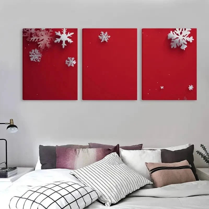 3pcs Red Background with White Snowflakes  Wall Art Set Canvas Framed 60x90cm - High Quality Print 100% Australian Made Wall Canvas Ready to Hang