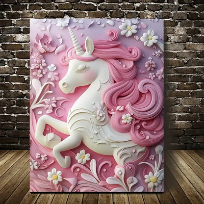 Cute Unicorn Heart Blossoms Painting 40x60cm Metal Print Ready to Hang