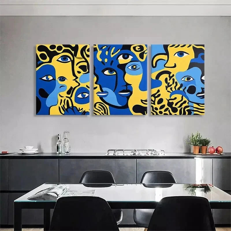 3pcs Abstract Expressionist Faces Blue Perfect Wall Art Set Canvas Framed 40x60cm - High Quality Print 100% Australian Made Wall Canvas Ready to Hang