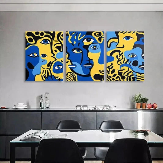 3pcs Abstract Expressionist Faces Blue Perfect Wall Art Set Canvas Framed 40x60cm - High Quality Print 100% Australian Made Wall Canvas Ready to Hang